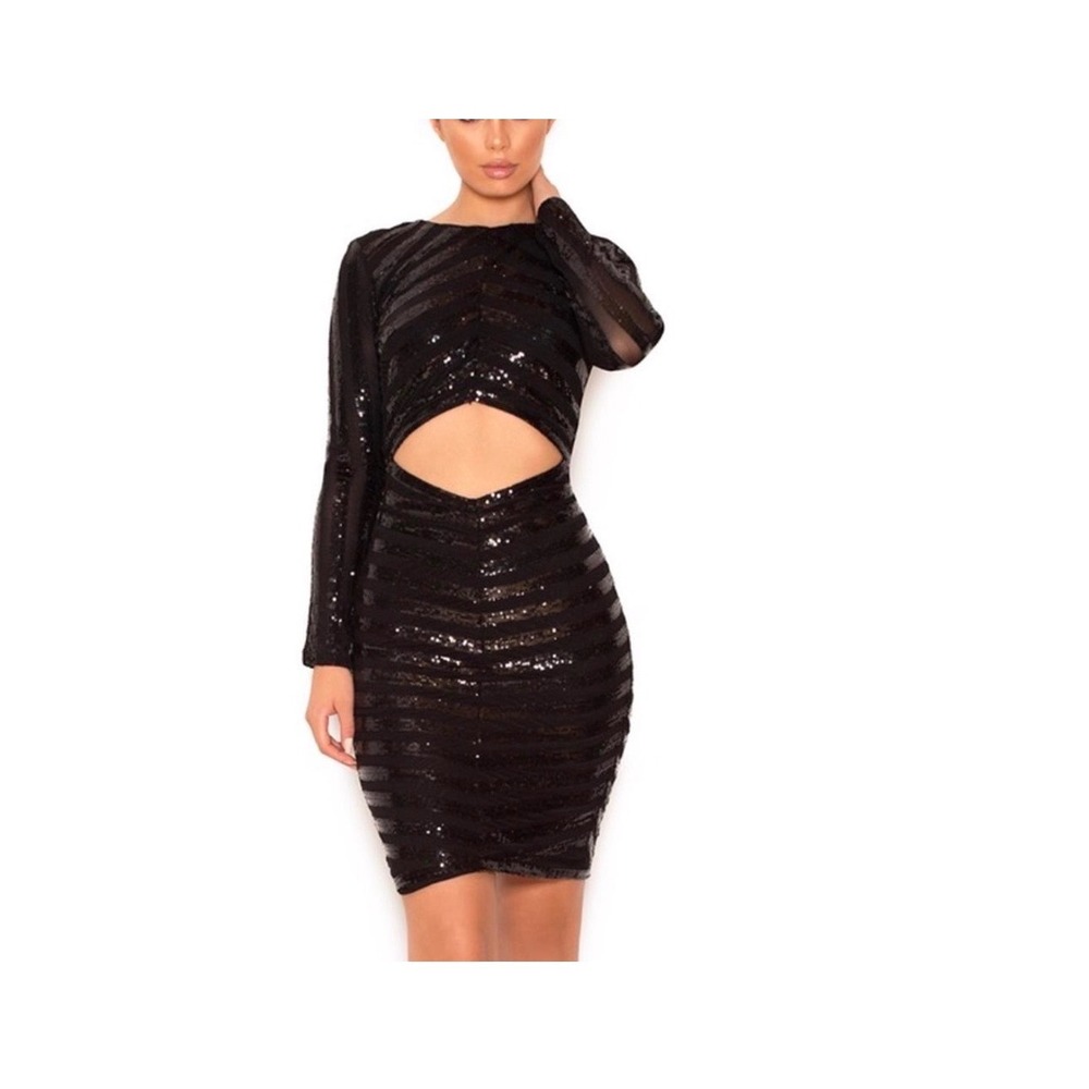 House of CB Sequin Mini Dress Womens XS Black Cutout Open Back Long Sleeve